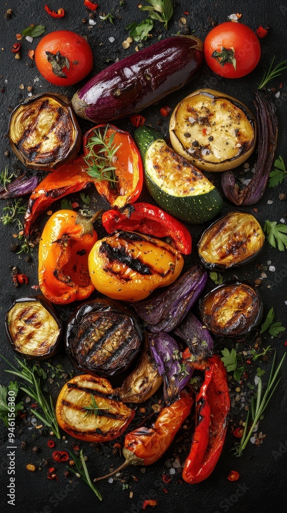 An assortment of roasted vegetables including eggplant, bell peppers, and tomatoes, beautifully arranged with herbs on a dark surface An assortment of roasted vegetables including eggplant, bell peppers, and tomatoes, beautifully arranged with herbs on a dark surface