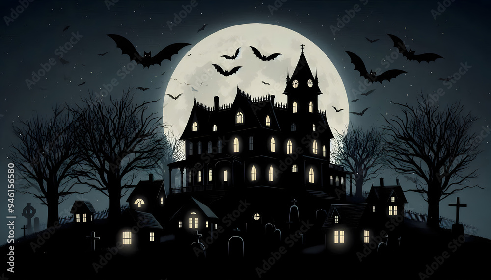 Haunted Mansion Silhouette with Full Moon and Bats Haunted Mansion Silhouette with Full Moon and Bats