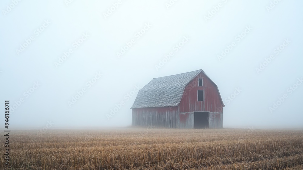 Solitary barn enveloped in morning mist, the surrounding countryside barely visible, creating an atmosphere of peace and quiet.