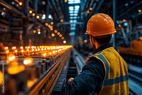 A worker in an industrial setting monitors an assembly line, showcasing safety gear and modern manufacturing environment.