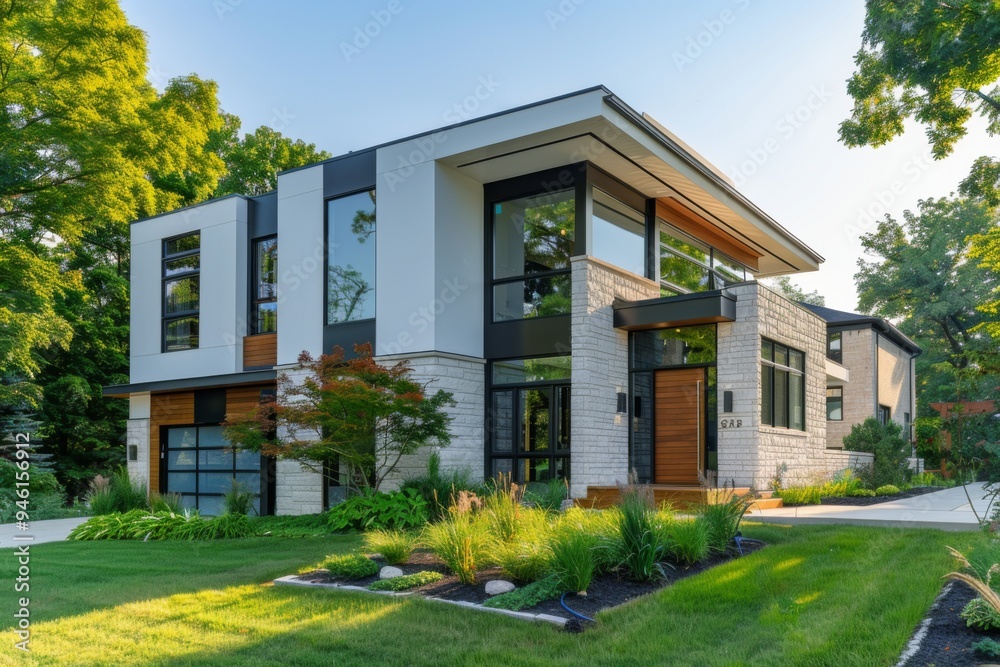 Modern luxury home exterior with landscaping Modern luxury home exterior with landscaping