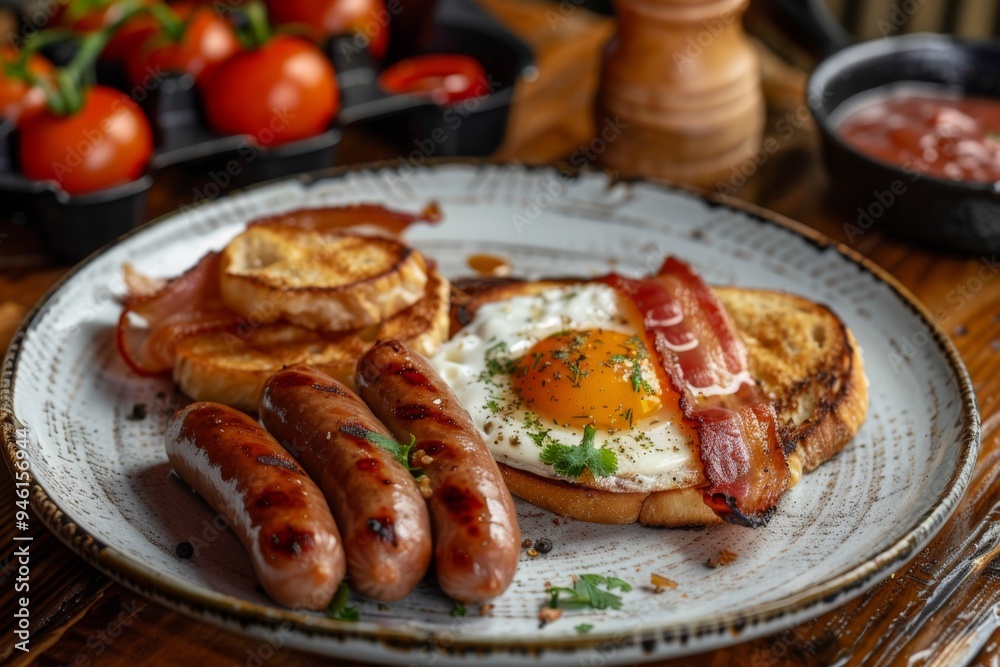 Traditional English breakfast with eggs, bacon, sausage, and tomatoes Traditional English breakfast with eggs, bacon, sausage, and tomatoes