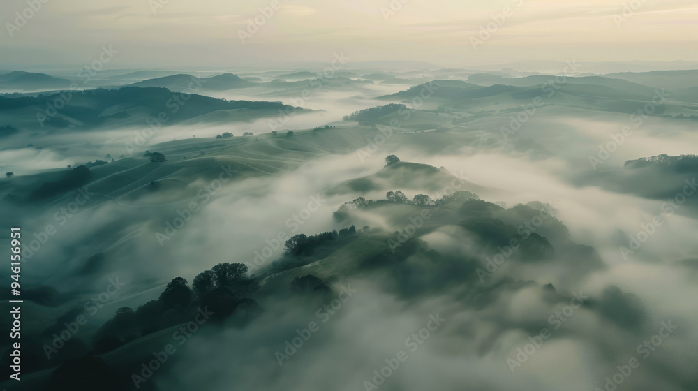 Aerial perspective of rolling hills covered in fog, with only the peaks of the hills visible, creating a soft, dreamlike scene where land and sky blend together Aerial perspective of rolling hills covered in fog, with only the peaks of the hills visible, creating a soft, dreamlike scene where land and sky blend together
