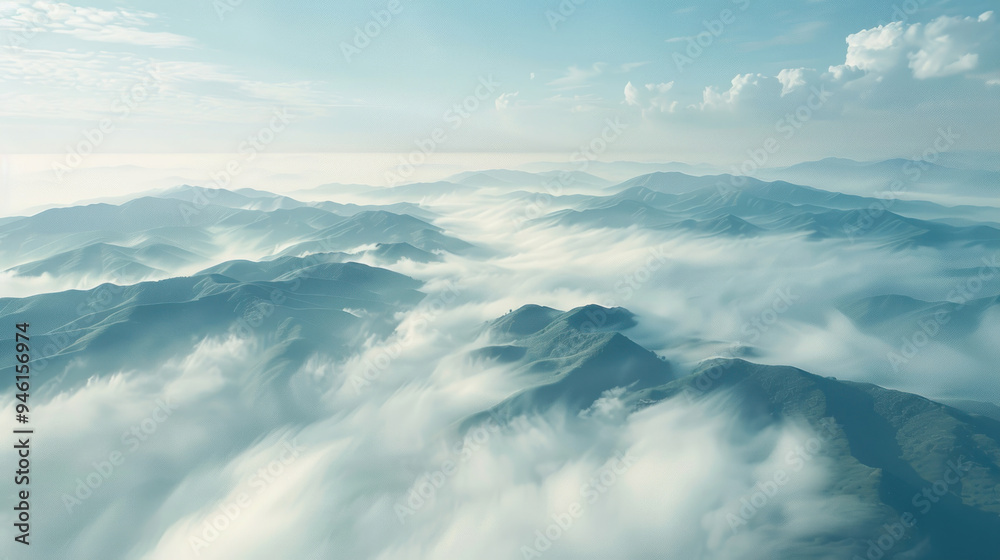 Fototapeta premium Aerial perspective of rolling hills covered in fog, with only the peaks of the hills visible, creating a soft, dreamlike scene where land and sky blend together