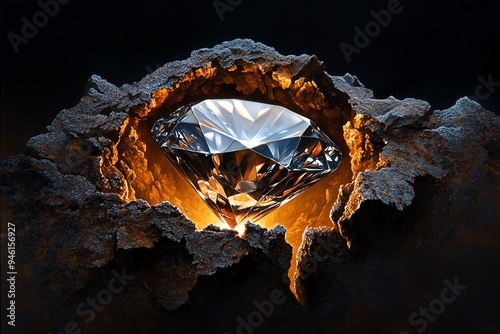 Diamond in its natural form, depicted in an artwork showing the raw, uncut stone emerging from the earth