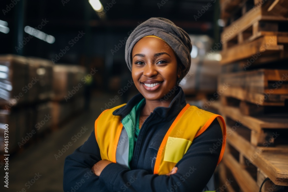 Portrait of a smiling middle aged female warehouse worker Portrait of a smiling middle aged female warehouse worker
