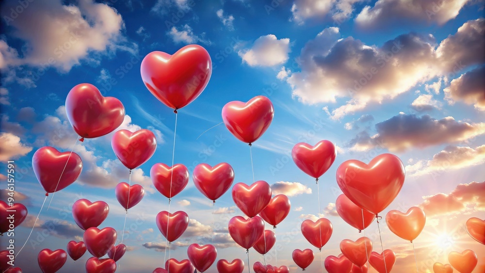 Background featuring heart-shaped balloons flying in the sky Background featuring heart-shaped balloons flying in the sky