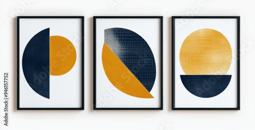   Three Simple Framed Wall Art   Geometric Shapes in Navy Blue and Mustard Yellow on White Background, Framed in Black Wood
