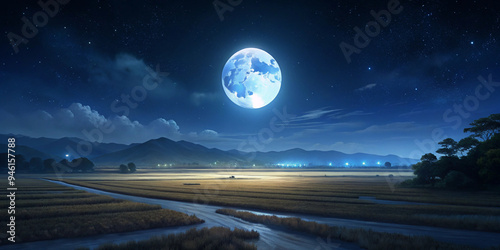 Full Moon Illuminating a Tranquil Night Landscape with Rolling Fields and Clouds 달빛이 비추는 평화로운 밤 풍경과 구름이 있는 언덕 풍경 추석