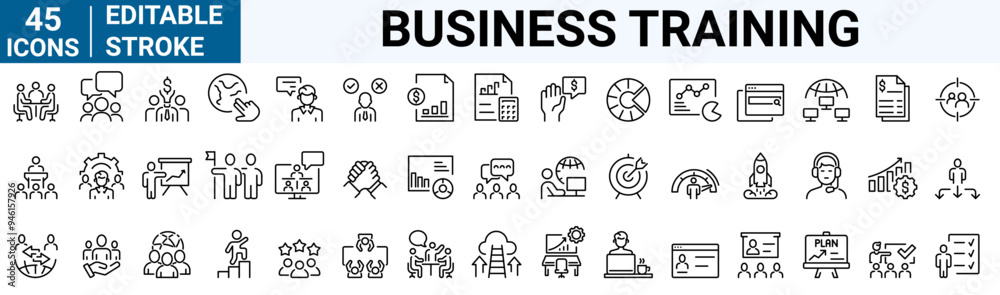 Business training and office line web icons. Teamwork, co-workers, cooperation. Vector illustration Business training and office line web icons. Teamwork, co-workers, cooperation. Vector illustration