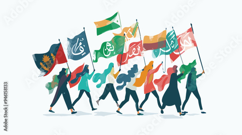 Muslim Youth Groups Carrying Flags with Words