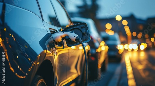 Electric Car Being Charged at Dusk in City photo