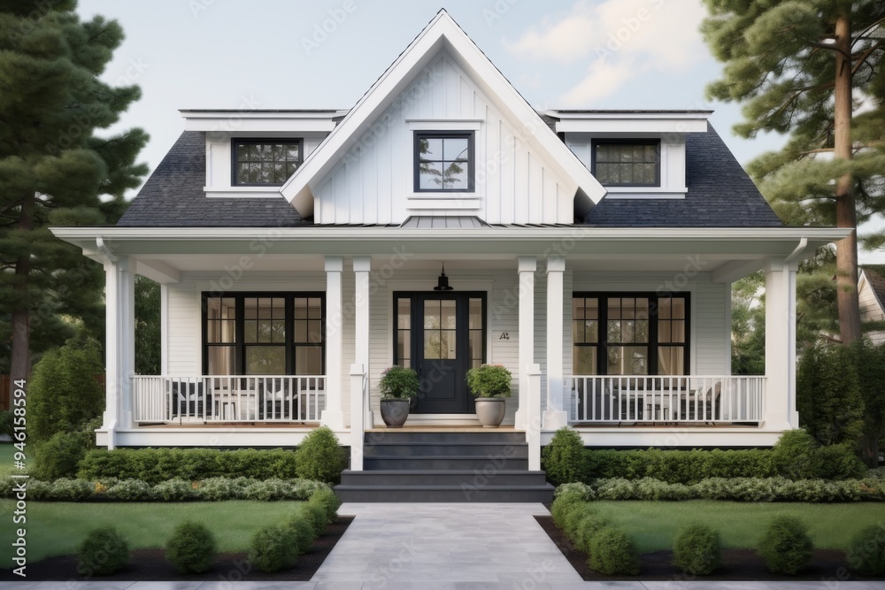 Modern farmhouse exterior with front porch and evening lighting Modern farmhouse exterior with front porch and evening lighting