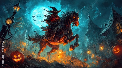 Cartoony headless horseman in an epic pose, with the over-the-top.