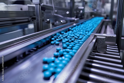 Blue Capsules are Moving on Conveyor at Modern Pharmaceutical Factory. Tablet and Capsule Manufacturing Process. Close-up Shot of Medical Drug Production Line
 photo