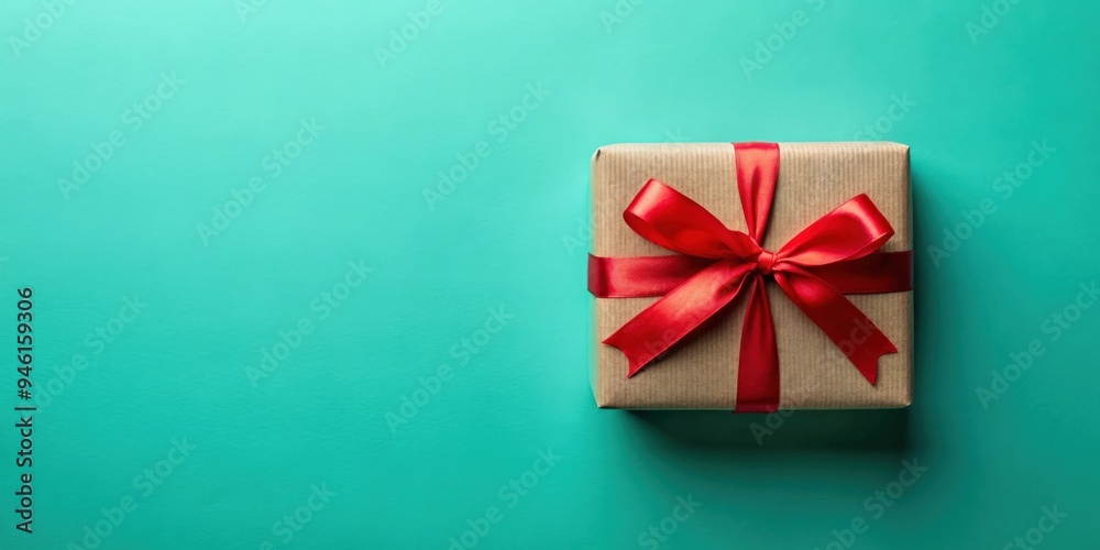 rendering of a gift box with red ribbon on cyan green background with shadow
