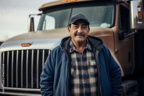 Portrait of a middle aged body positive Hispanic truck driver