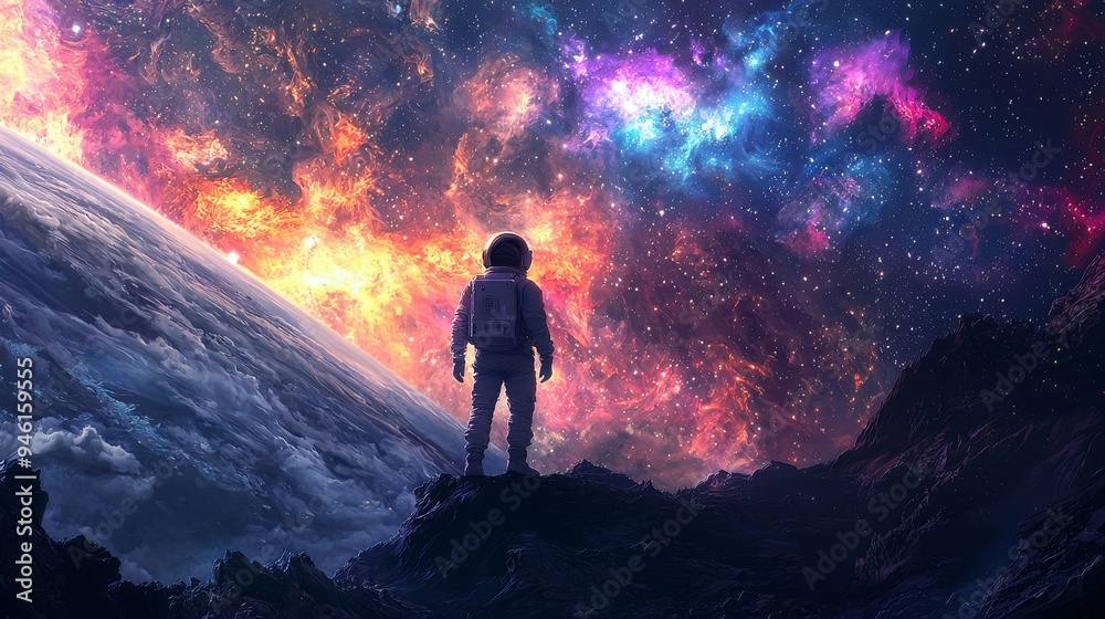 An astronaut standing on a distant planet, gazing at a stunning galaxy with colorful stars and nebulae, depicted with precise anime techniques An astronaut standing on a distant planet, gazing at a stunning galaxy with colorful stars and nebulae, depicted with precise anime techniques