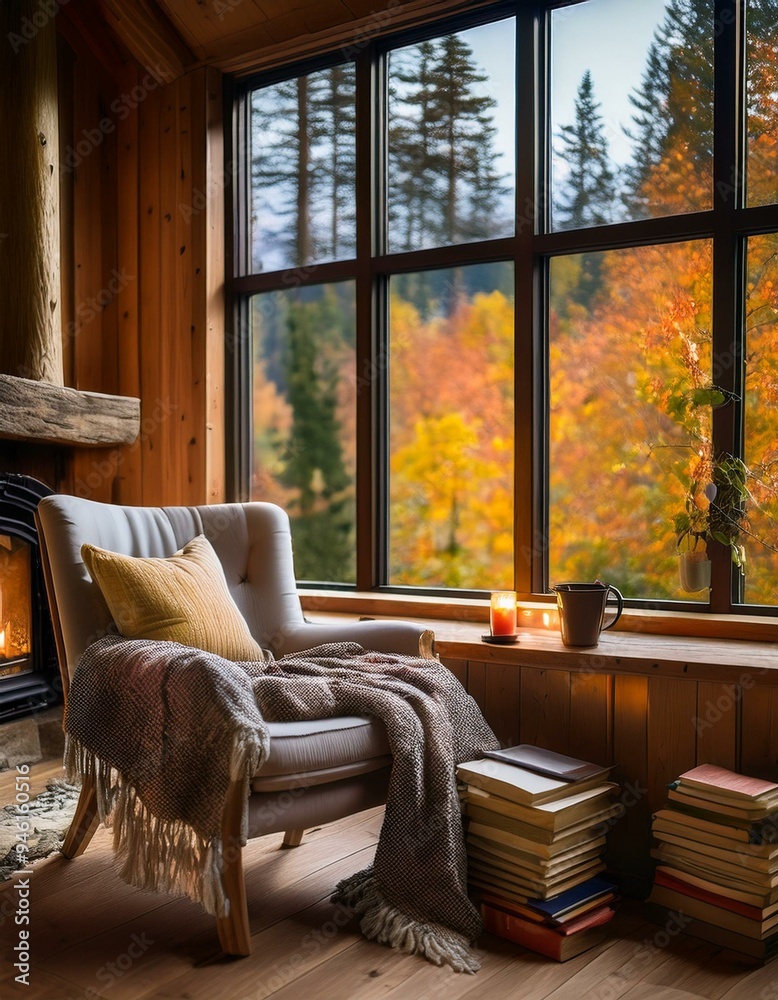 Obraz premium Cozy Cabin Retreat with Fireplace and Autumn Foliage View: A Warm, Inviting Space for Relaxation