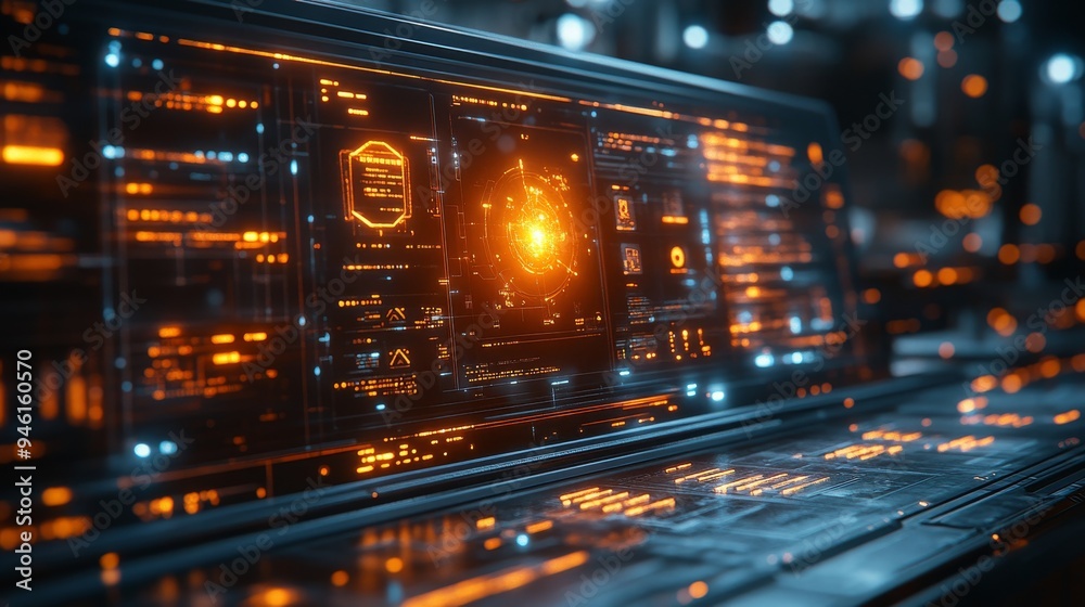A holographic interface showcases intricate steps and data points, illuminating a high-tech workspace filled with advanced technology. A holographic interface showcases intricate steps and data points, illuminating a high-tech workspace filled with advanced technology.