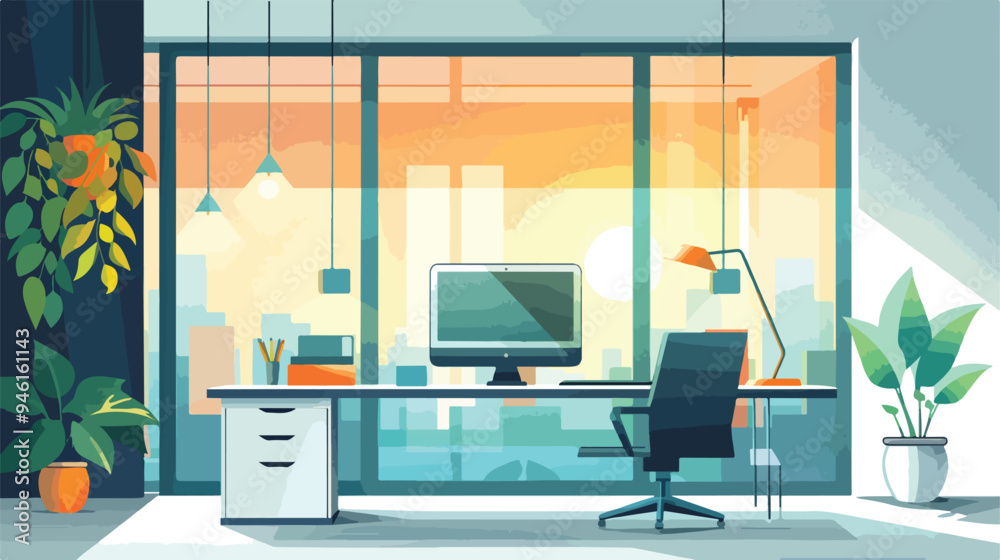 Fototapeta premium Professional Office Window in Daylight with Digital Cube, Vector Illustration