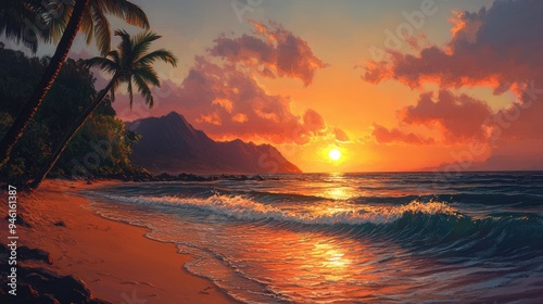 The sun sets on a tranquil tropical island, painting the sky in shades of orange and pink, with waves gently lapping the shore.