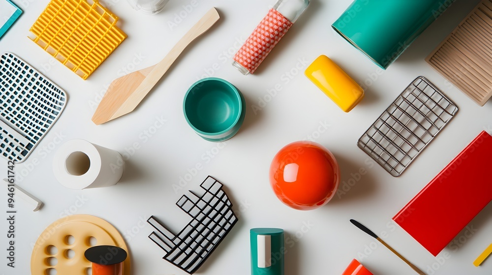 A collection of mundane domestic household items arranged on a clean white background