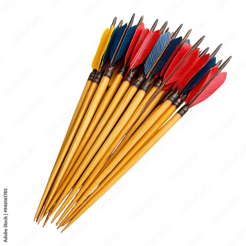Colorful Wooden Arrows with Fletching Isolated on Transparent Background Colorful Wooden Arrows with Fletching Isolated on Transparent Background