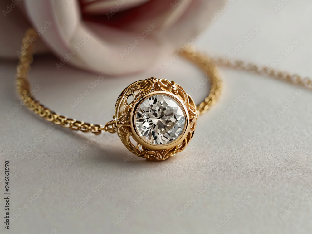 A gold necklace with a single diamond pendant on a grey background.