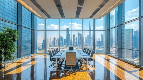 A business meeting in a high-rise conference room with city views