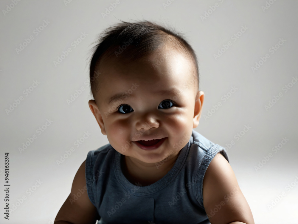 A joyful baby smiles brightly in a simple, plain background. A joyful baby smiles brightly in a simple, plain background.