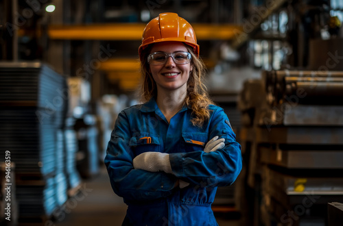 A smiling female worker in her late thirties stands with crossed arms inside a factory hall. photo