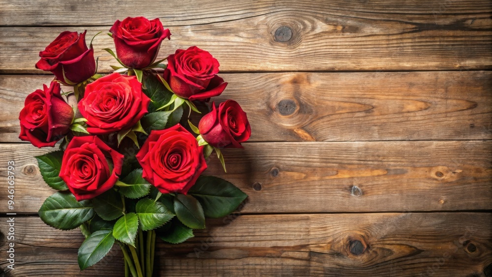 Beautiful red rose flowers arranged on a rustic wooden background from above view Beautiful red rose flowers arranged on a rustic wooden background from above view
