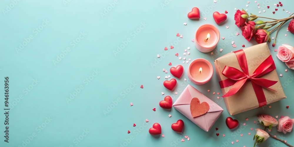 Valentine's Day themed flat lay with gifts, candle, confetti, and envelope on pastel blue background Valentine's Day themed flat lay with gifts, candle, confetti, and envelope on pastel blue background