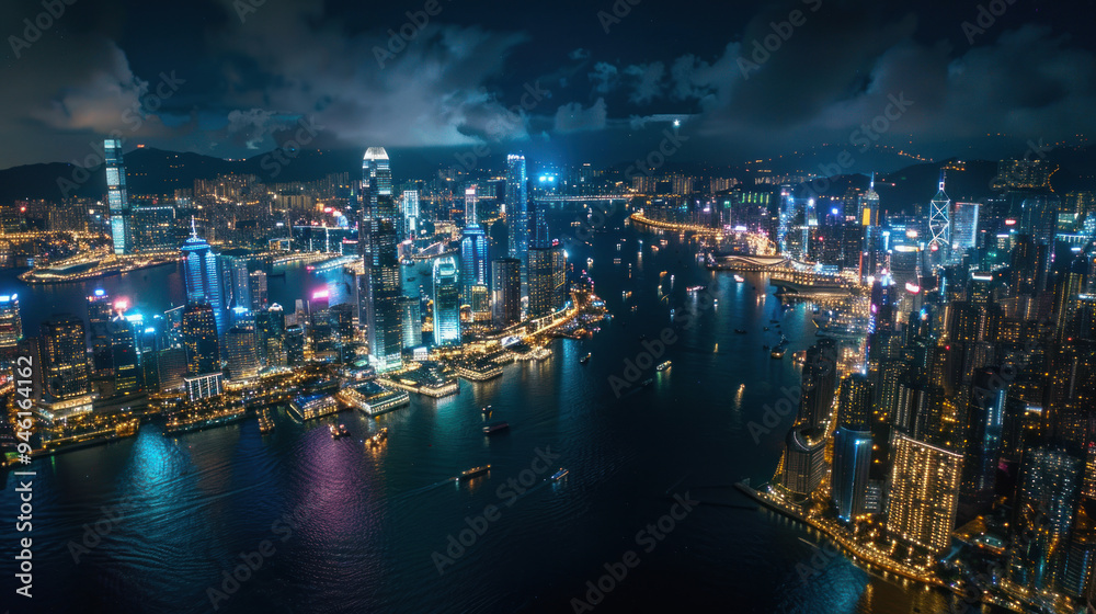Fototapeta premium Aerial shot of an iconic city landmark bathed in light at night, surrounded by a sea of twinkling city lights, capturing the energy and vibrancy of urban life after dark