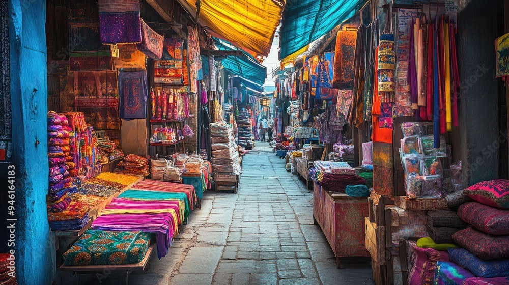 Empty Indian Bazaar at Dawn: The colorful stalls of a traditional Indian bazaar, filled with vibrant goods Empty Indian Bazaar at Dawn: The colorful stalls of a traditional Indian bazaar, filled with vibrant goods