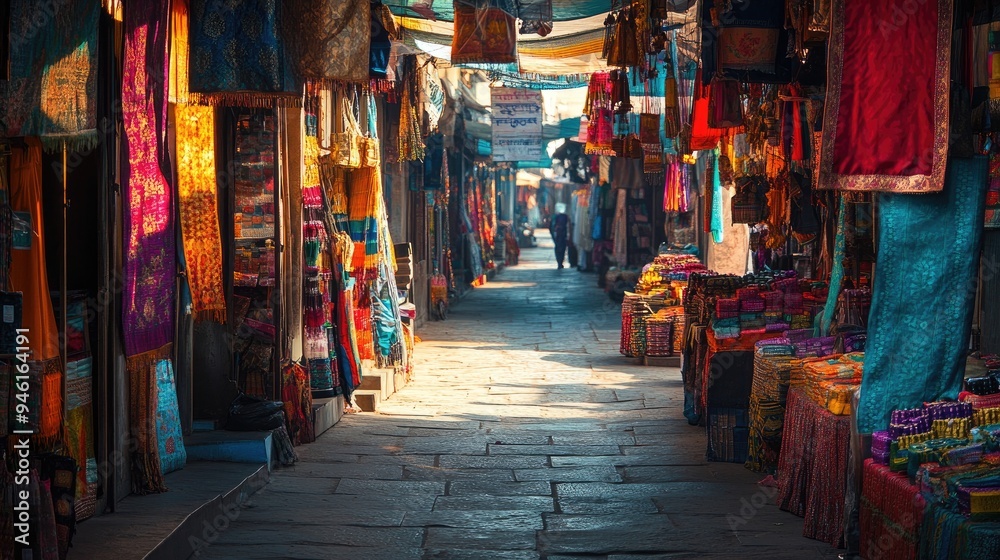 Empty Indian Bazaar at Dawn: The colorful stalls of a traditional Indian bazaar, filled with vibrant goods Empty Indian Bazaar at Dawn: The colorful stalls of a traditional Indian bazaar, filled with vibrant goods