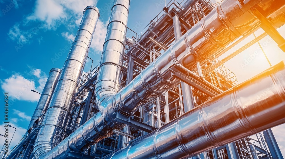 Detailed industrial view of a refinery plant pipe line, stock photo Detailed industrial view of a refinery plant pipe line, stock photo