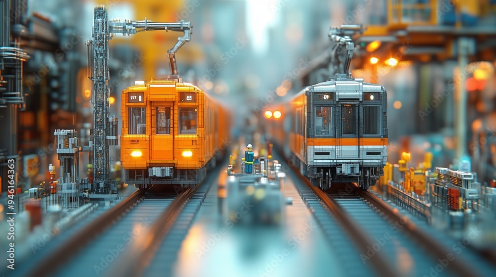 Two yellow trams run on parallel tracks against a blurred urban landscape Two yellow trams run on parallel tracks against a blurred urban landscape
