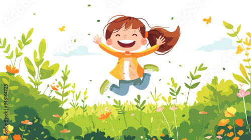 Joyful Little Girl Jumping and Raising Hands Against Sky