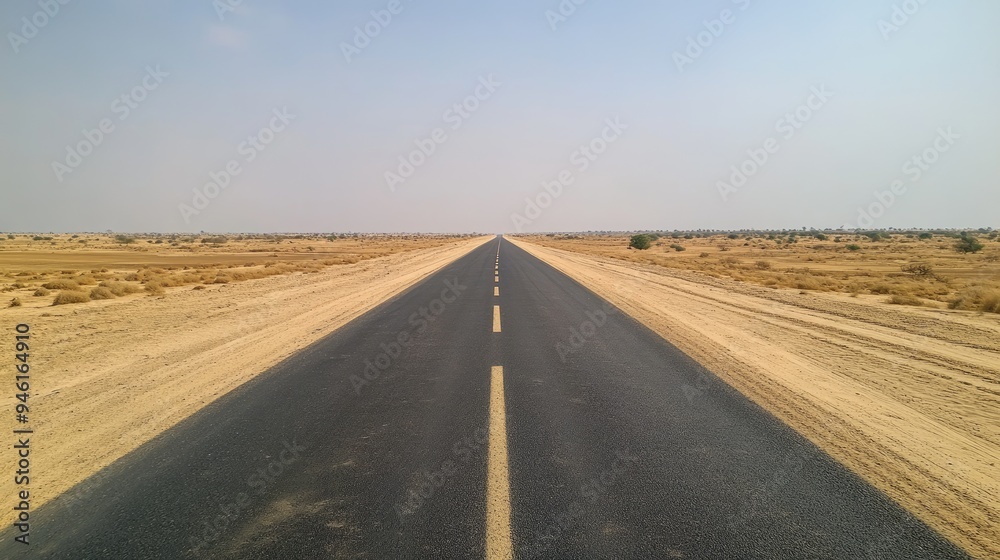 Empty Indian Desert Road: A long, empty road cutting through the barren Thar Desert, with no vehicles or people Empty Indian Desert Road: A long, empty road cutting through the barren Thar Desert, with no vehicles or people