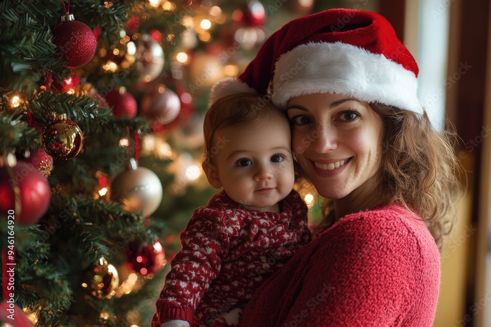 A woman wearing a Santa Claus hat holds a baby. A woman wearing a Santa Claus hat holds a baby.