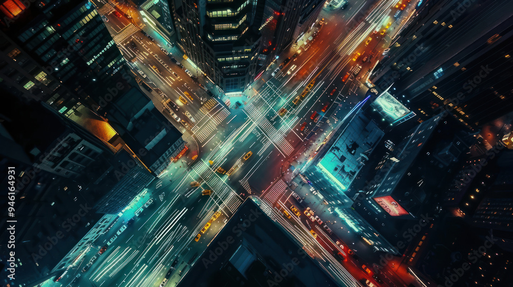 Aerial shot of a downtown area illuminated by city lights, with cars streaming down busy roads, creating trails of light, and the buildings glowing with neon signs