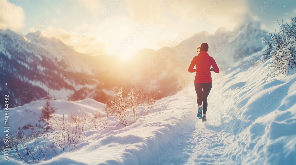 A runner enjoys a scenic winter trail surrounded by mountains at sunrise A runner enjoys a scenic winter trail surrounded by mountains at sunrise