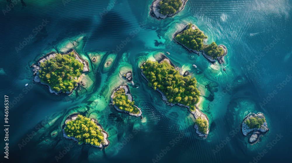 Obraz premium Aerial perspective of a small, remote island chain, with each island connected by shallow, bright blue water, creating a stunning contrast against the deep sea