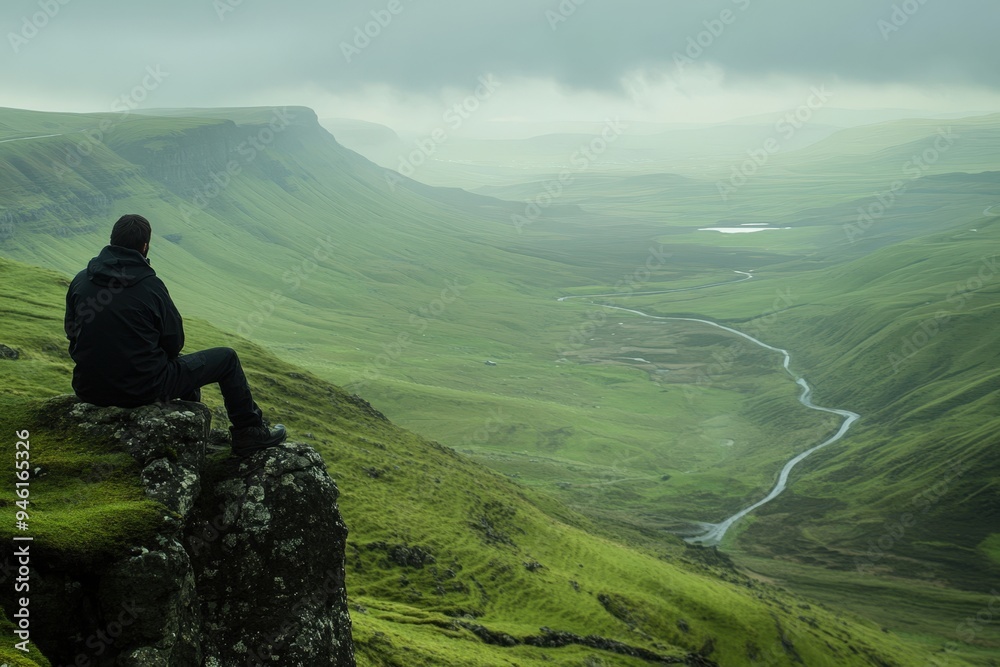 A man sits on a hilltop and looks out over the landscape. A man sits on a hilltop and looks out over the landscape.