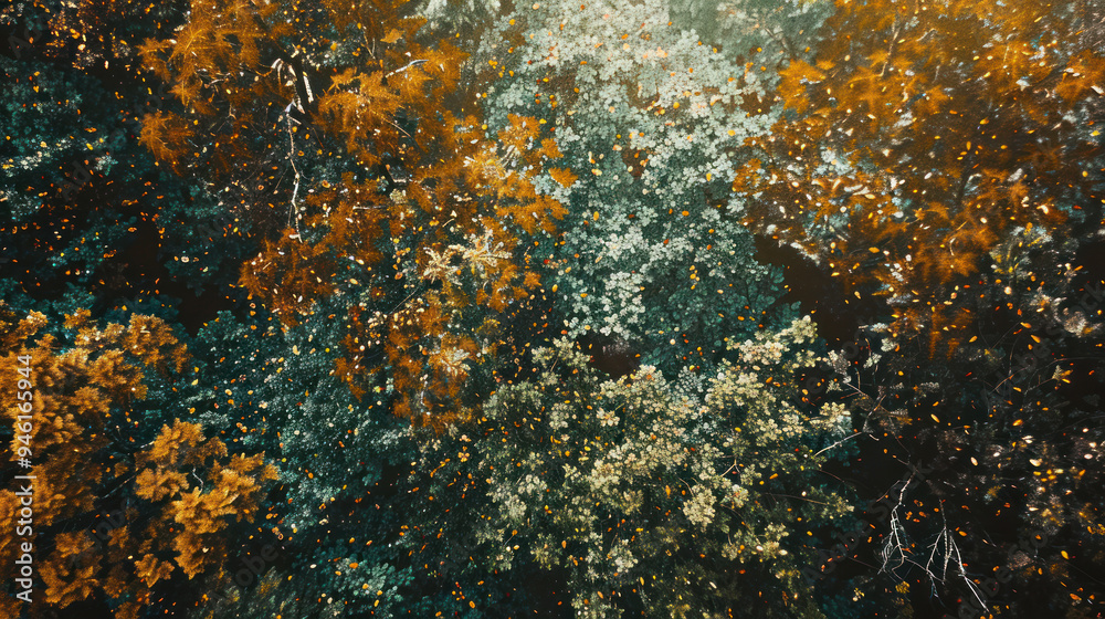 Aerial perspective of a forest canopy after a rainstorm, with wet leaves glistening in the sunlight, the rich colors and textures of the forest enhanced by the fresh rain Aerial perspective of a forest canopy after a rainstorm, with wet leaves glistening in the sunlight, the rich colors and textures of the forest enhanced by the fresh rain