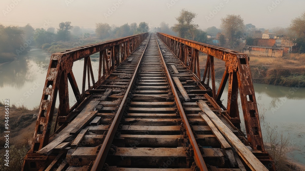 Obraz premium Empty Indian Railway Bridge: A deserted railway bridge spanning a river in rural India, with rusted tracks and a sense