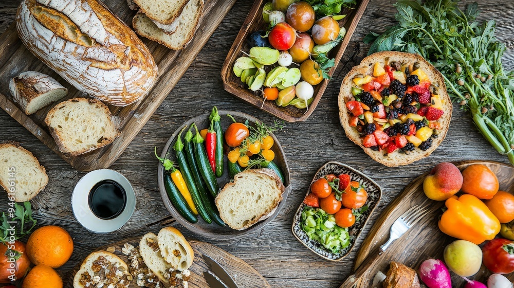 A Rustic Table Spread with Fresh Produce and Bread