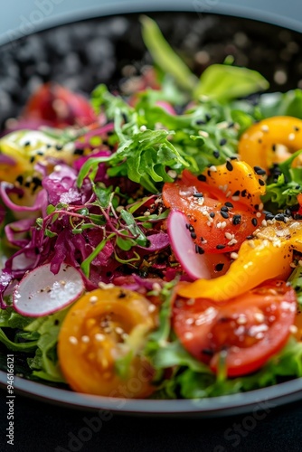 A vibrant salad featuring mixed greens, tomatoes, radishes, and colorful vegetables.